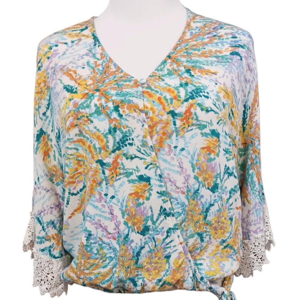 WIT & WISDOM Gauzy Top Wrap Blouse S Floral Crochet Lace Cottage Beach Hip‎ Tie